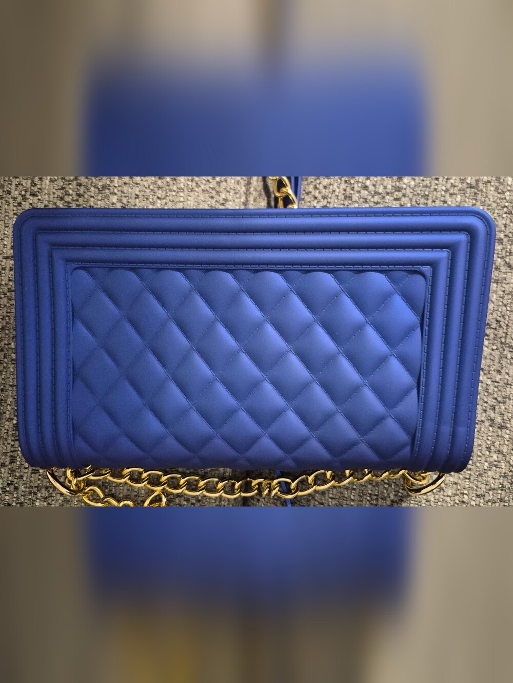 Blue Quilted Chain Shoulder Bag with Gold Strap - Picture 5 of 6